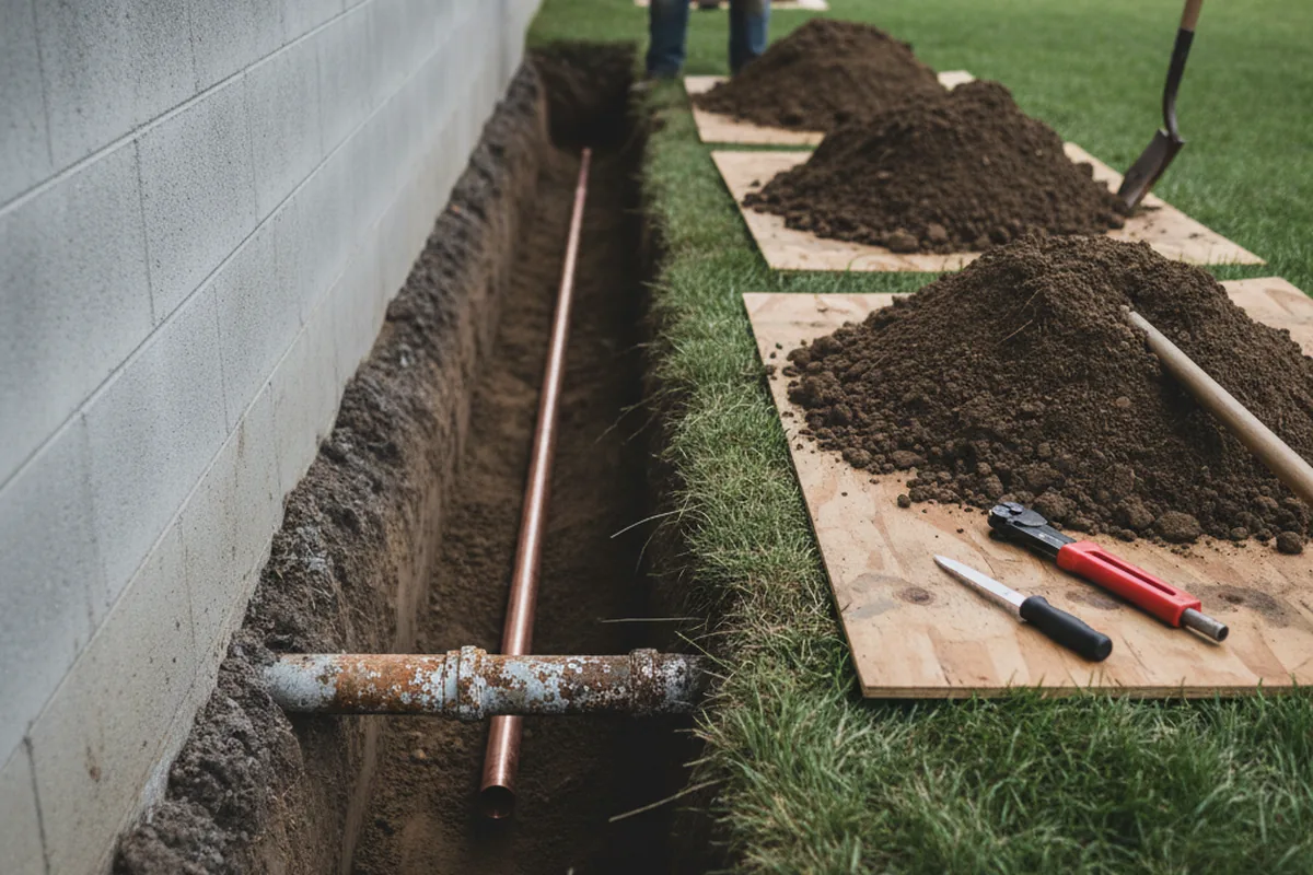 Excavated water line trench during Water Softener Installation in Redwood City